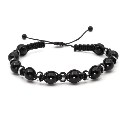 Black Onyx and Hematite Macrame Certified Natural Stone Bracelet SPF-A-066