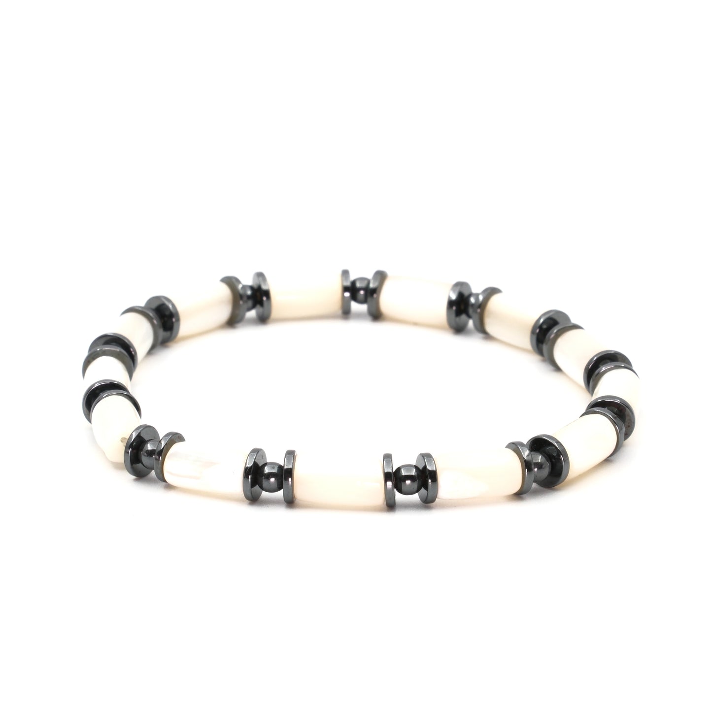 White Mother of Pearl and Hematite Natural Stone Bracelet SPF-A-020