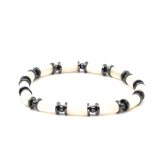 White Mother-of-Pearl and Hematite Certified Natural Stone Bracelet SPF-A-020