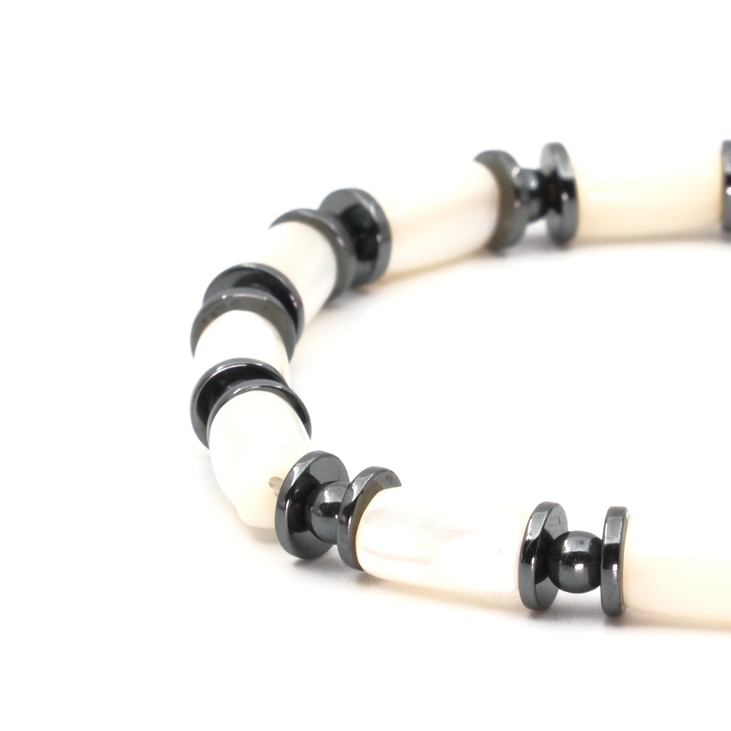 White Mother of Pearl and Hematite Natural Stone Bracelet SPF-A-020