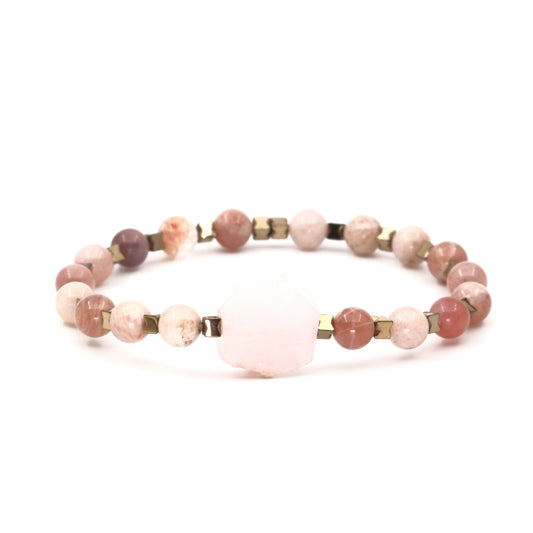 Pink Quartz Sunstone and Hematite Certified Natural Stone Bracelet SPF-A-056