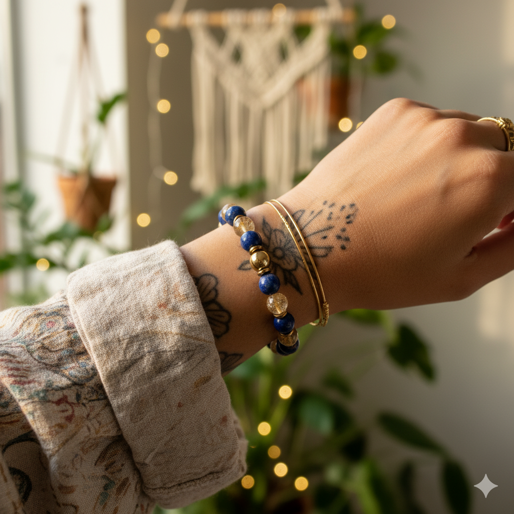 Certified Natural Stone Bracelet with Golden Rutilated Quartz and Lapis Lazuli SPF-A-006