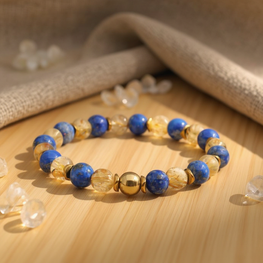 Certified Natural Stone Bracelet with Golden Rutilated Quartz and Lapis Lazuli SPF-A-006