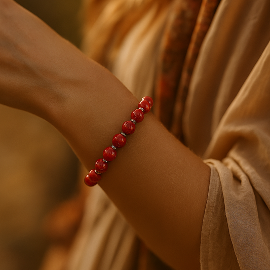 Red Coral and Hematite Certified Natural Stone Bracelet SPF-A-045