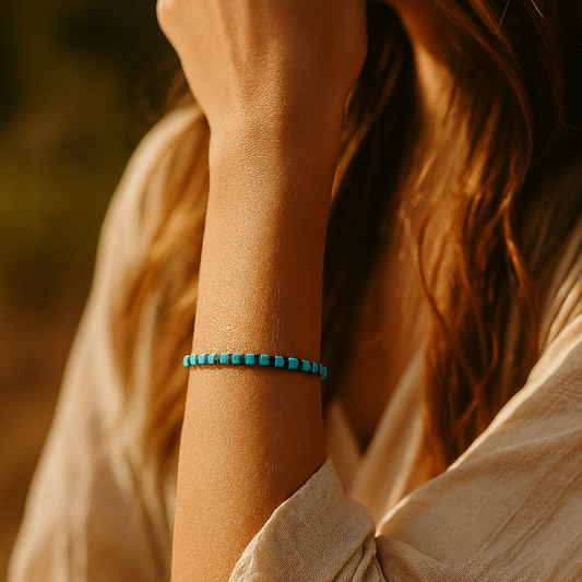 Cube Turquoise and Rondela Hematite Certified Natural Stone Bracelet SPF-A-048