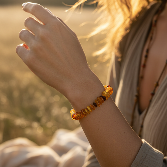 Amber and Hematite Certified Natural Stone Bracelet SPF-A-043