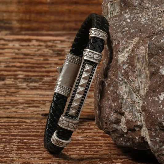 Handmade Genuine Leather and Brass Motif Locked Buckle Bracelet SPF-P-014