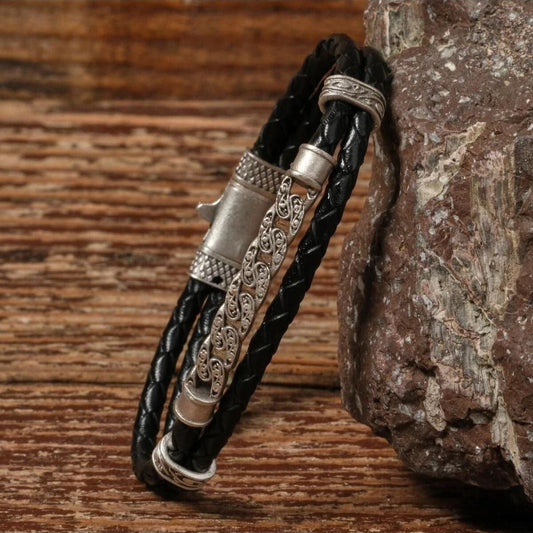 Handmade Genuine Leather and Brass Motif Locked Buckle Bracelet SPF-P-033