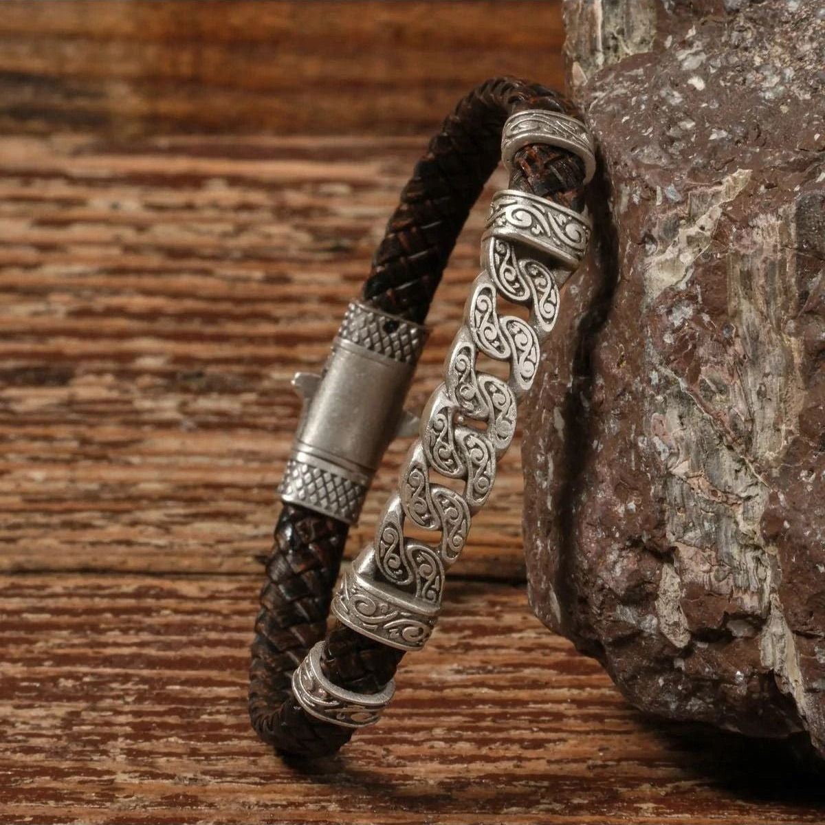 Handmade Genuine Leather and Brass Motif Locked Buckle Bracelet SPF-P-032