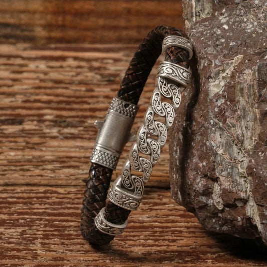 Handmade Genuine Leather and Brass Motif Locked Buckle Bracelet SPF-P-032