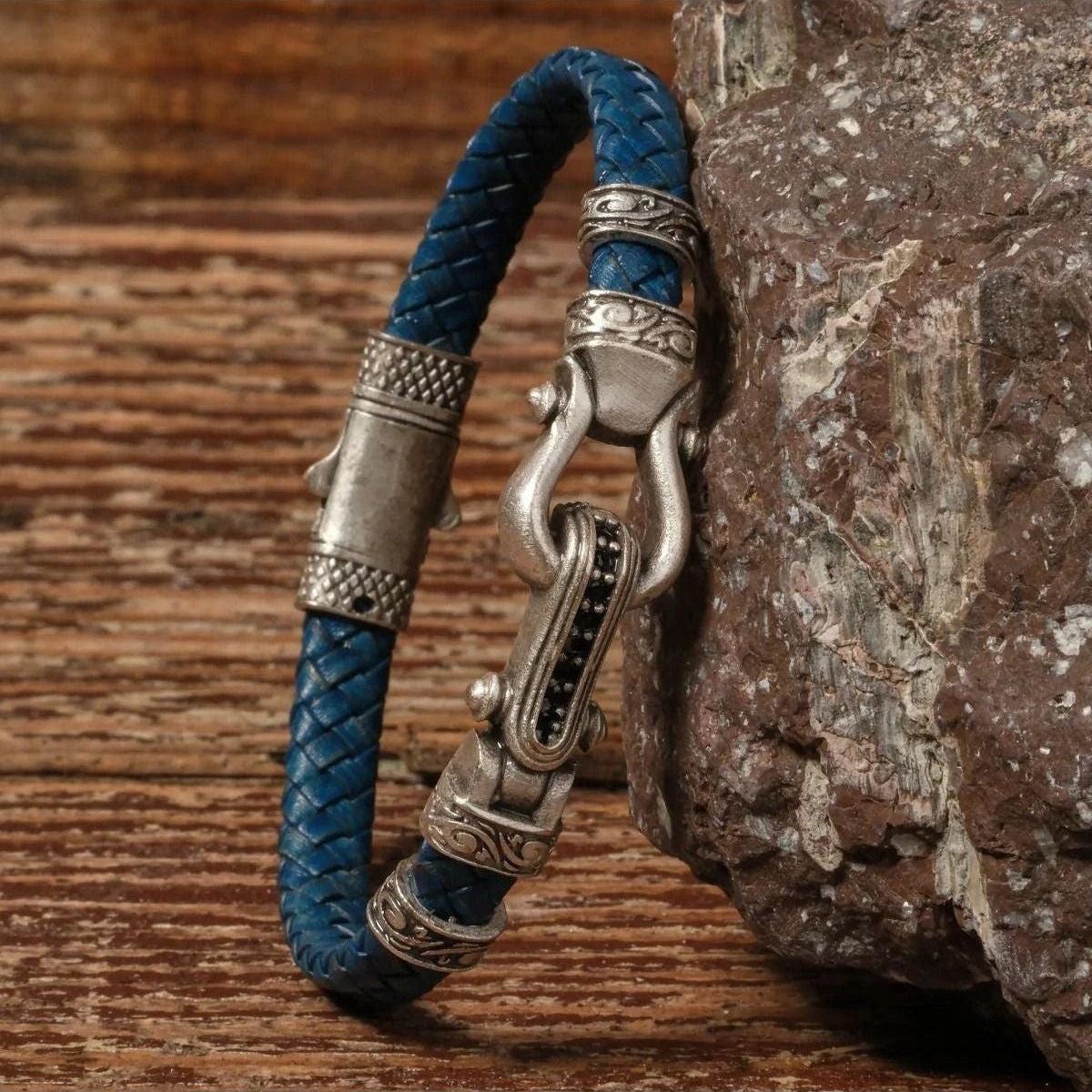 Handmade Genuine Leather and Brass Motif Locked Buckle Bracelet SPF-P-013