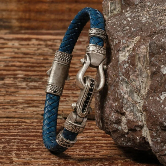 Handmade Genuine Leather and Brass Motif Locked Buckle Bracelet SPF-P-013