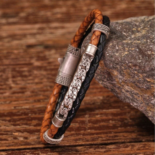 Handmade Genuine Leather and Brass Motif Locked Buckle Bracelet SPF-P-012