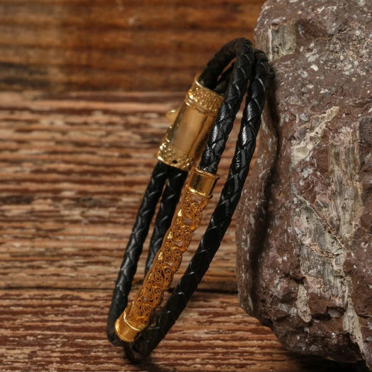 Handmade Genuine Leather and Brass Motif Locked Buckle Bracelet SPF-P-034