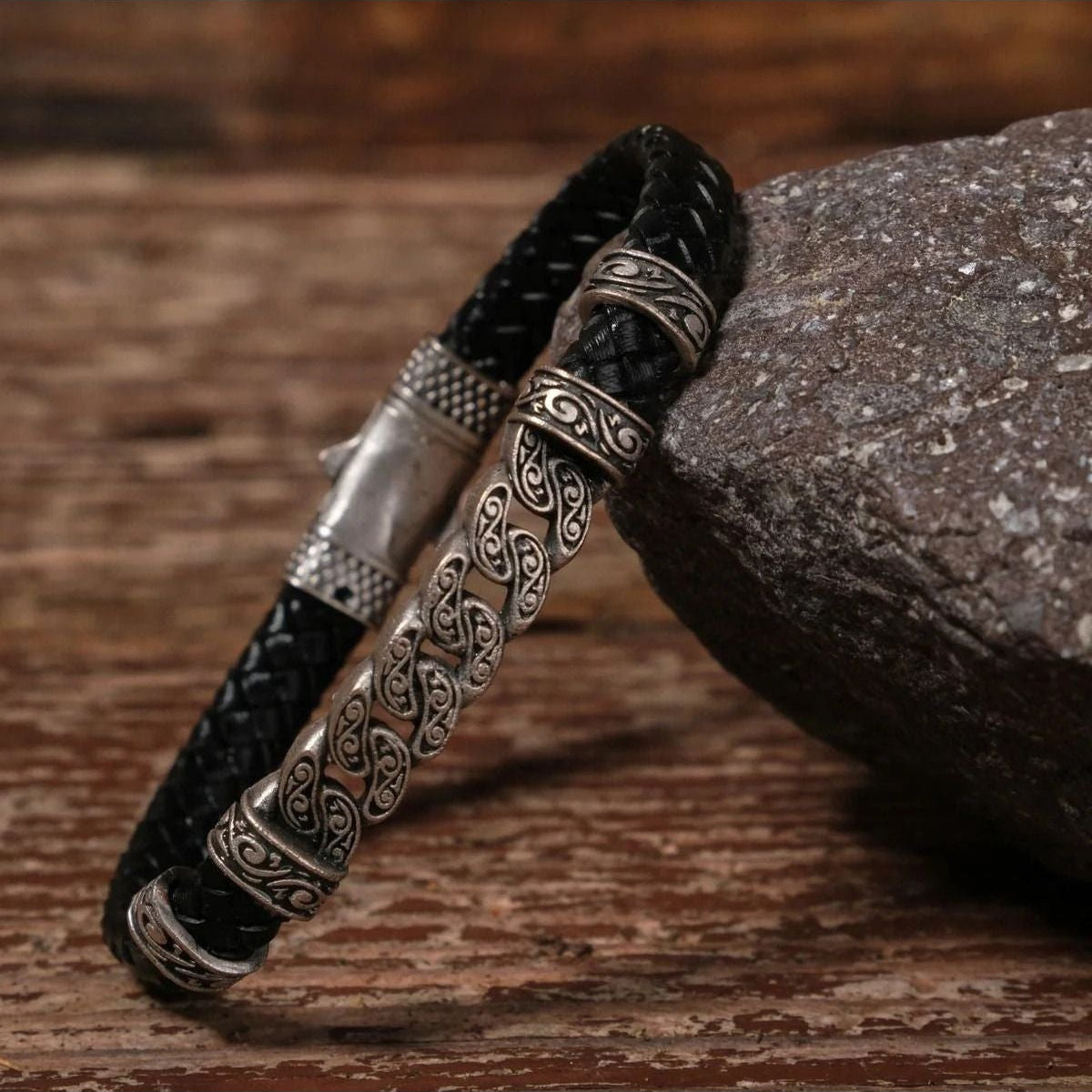 Handmade Genuine Leather and Brass Motif Locked Buckle Bracelet SPF-P-003