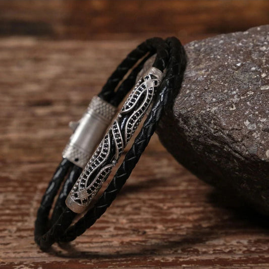 Handmade Genuine Leather and Brass Motif Locked Buckle Bracelet SPF-P-009
