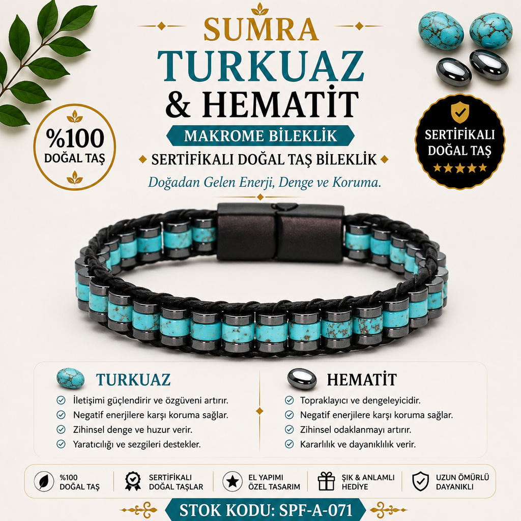 Turkuaz ve Hematit Sertifikalı Doğal Taş Bileklik SPF-A-071