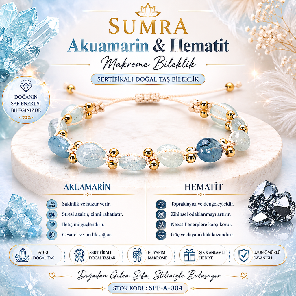 Aquamarine Hematite Macrame Certified Natural Stone Bracelet SPF-A-004