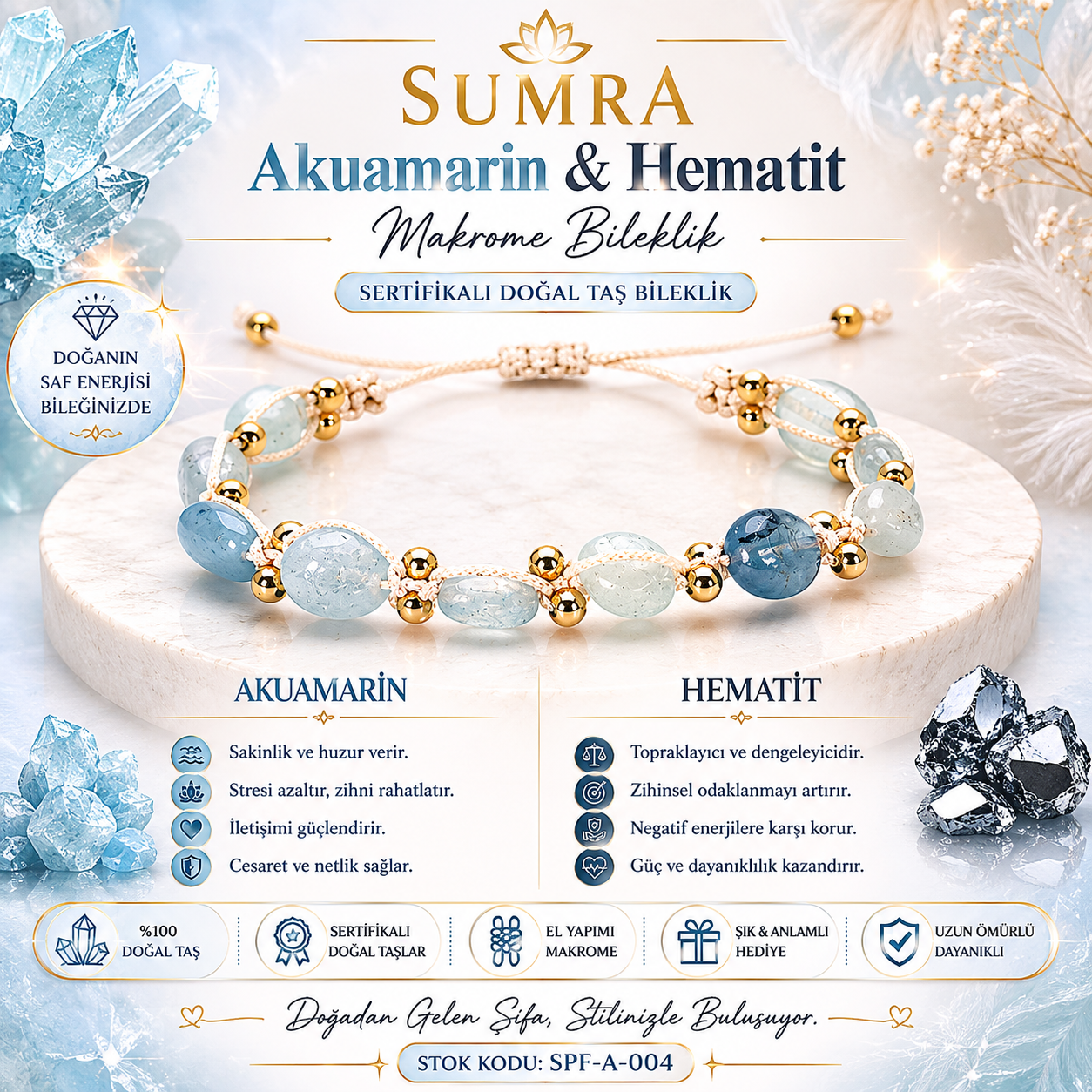 Aquamarine Hematite Macrame Certified Natural Stone Bracelet SPF-A-004