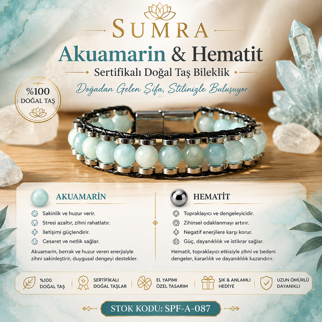 Aquamarine Hematite Macrame Certified Natural Stone Bracelet SPF-A-004