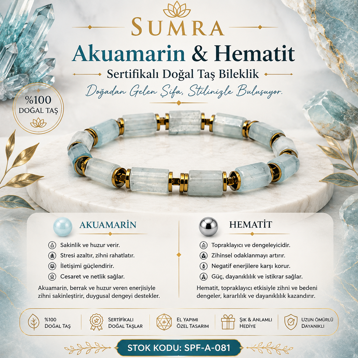 Aquamarine and Hematite Certified Natural Stone Bracelet SPF-A-081