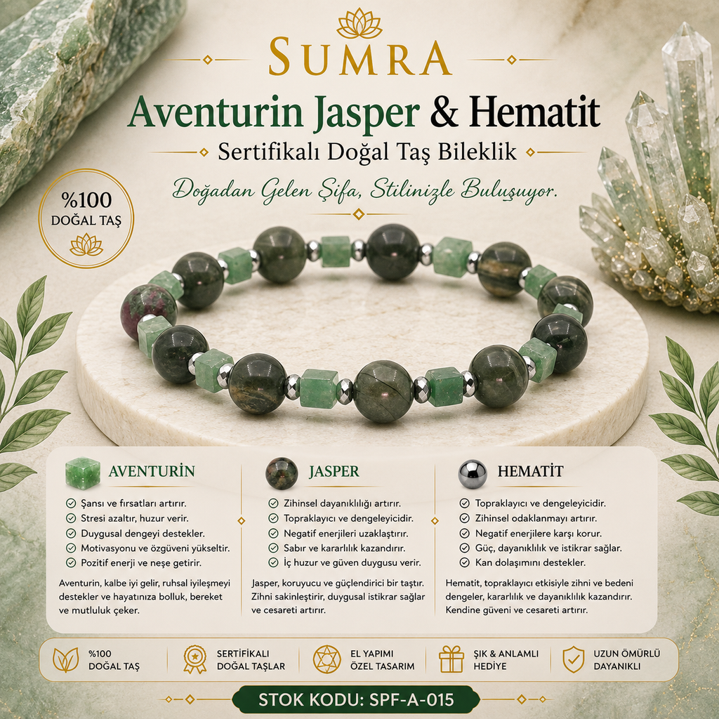 Aventurine Jasper and Hematite Certified Natural Stone Bracelet SPF-A-015