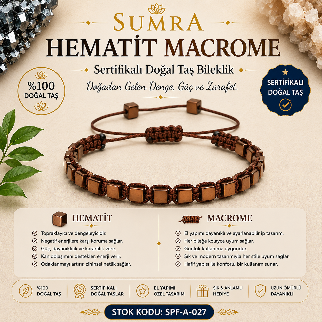 Hematite Macrome Certified Natural Stone Bracelet SPF-A-027