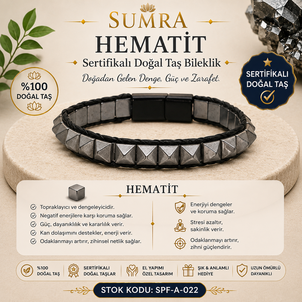 Hematite Certified Natural Stone Bracelet SPF-A-022