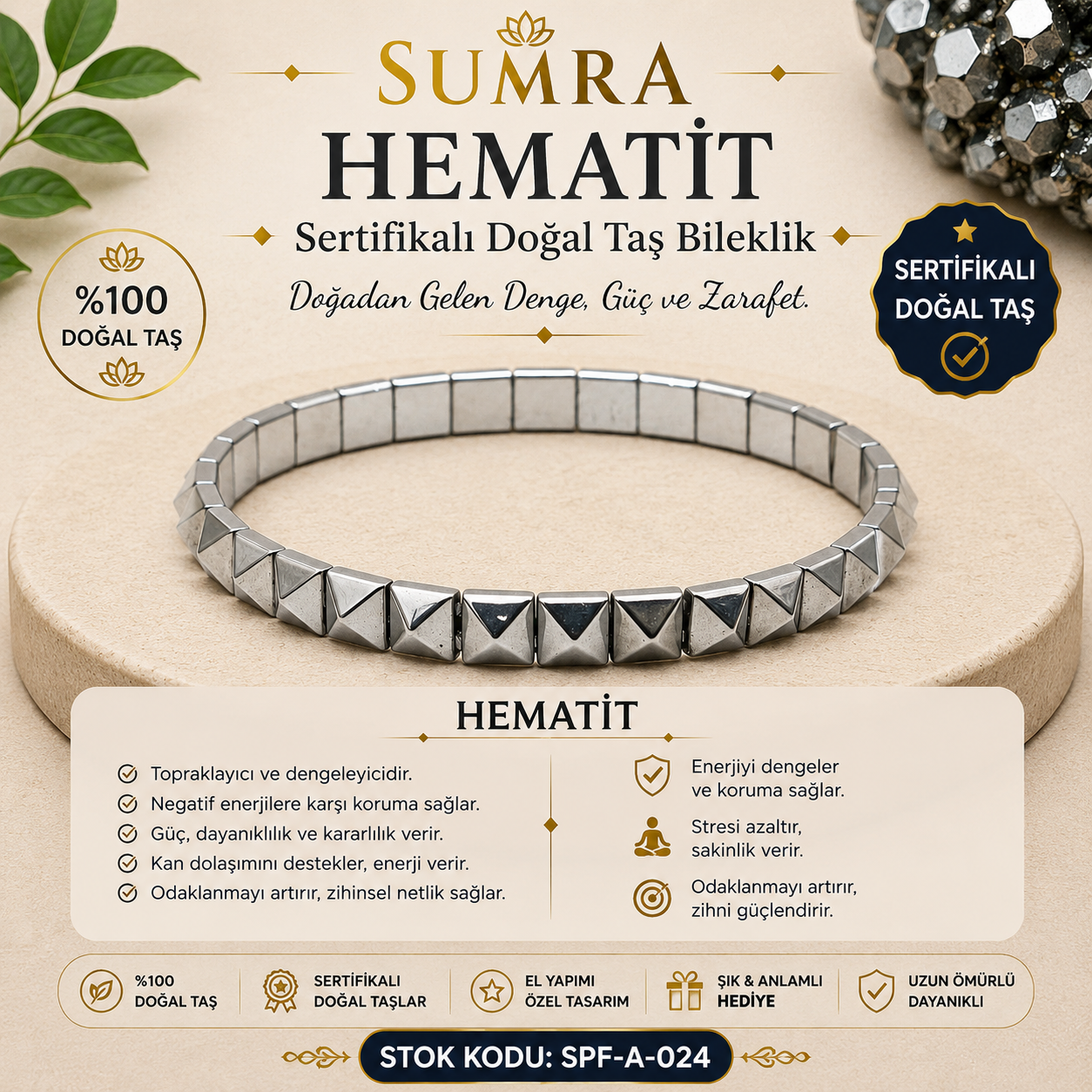 Hematite Certified Natural Stone Bracelet SPF-A-024