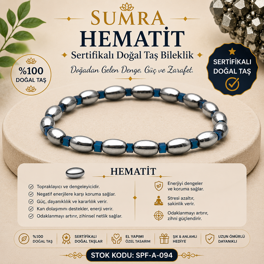 Hematit Sertifikalı Doğal Taş Bileklik SPF-A-094