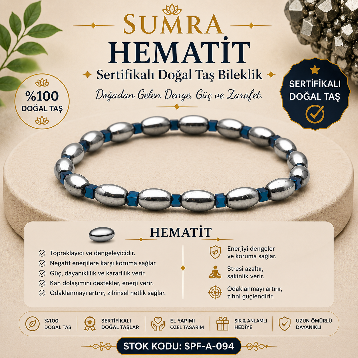 Hematit Sertifikalı Doğal Taş Bileklik SPF-A-094