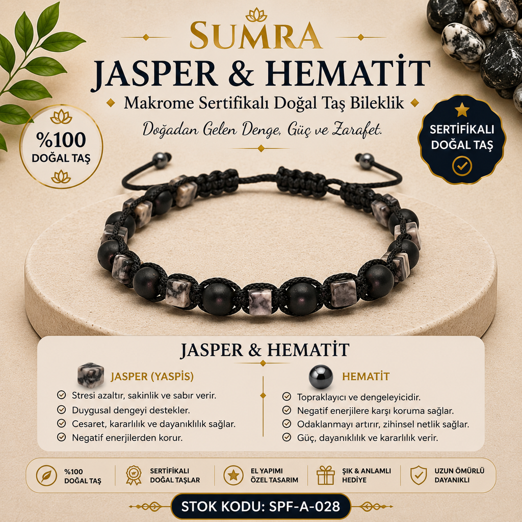 Jasper and Hematite Macrame Certified Natural Stone Bracelet SPF-A-028