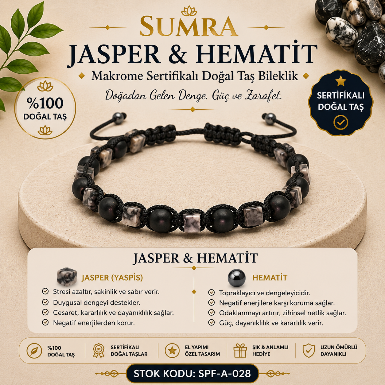 Jasper and Hematite Macrame Certified Natural Stone Bracelet SPF-A-028