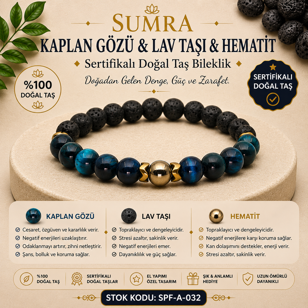 Tiger Eye Lava Stone Hematite Certified Natural Stone Bracelet SPF-A-032