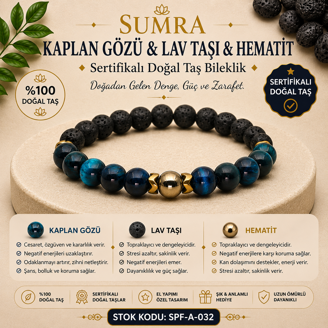 Tiger Eye Lava Stone Hematite Certified Natural Stone Bracelet SPF-A-032