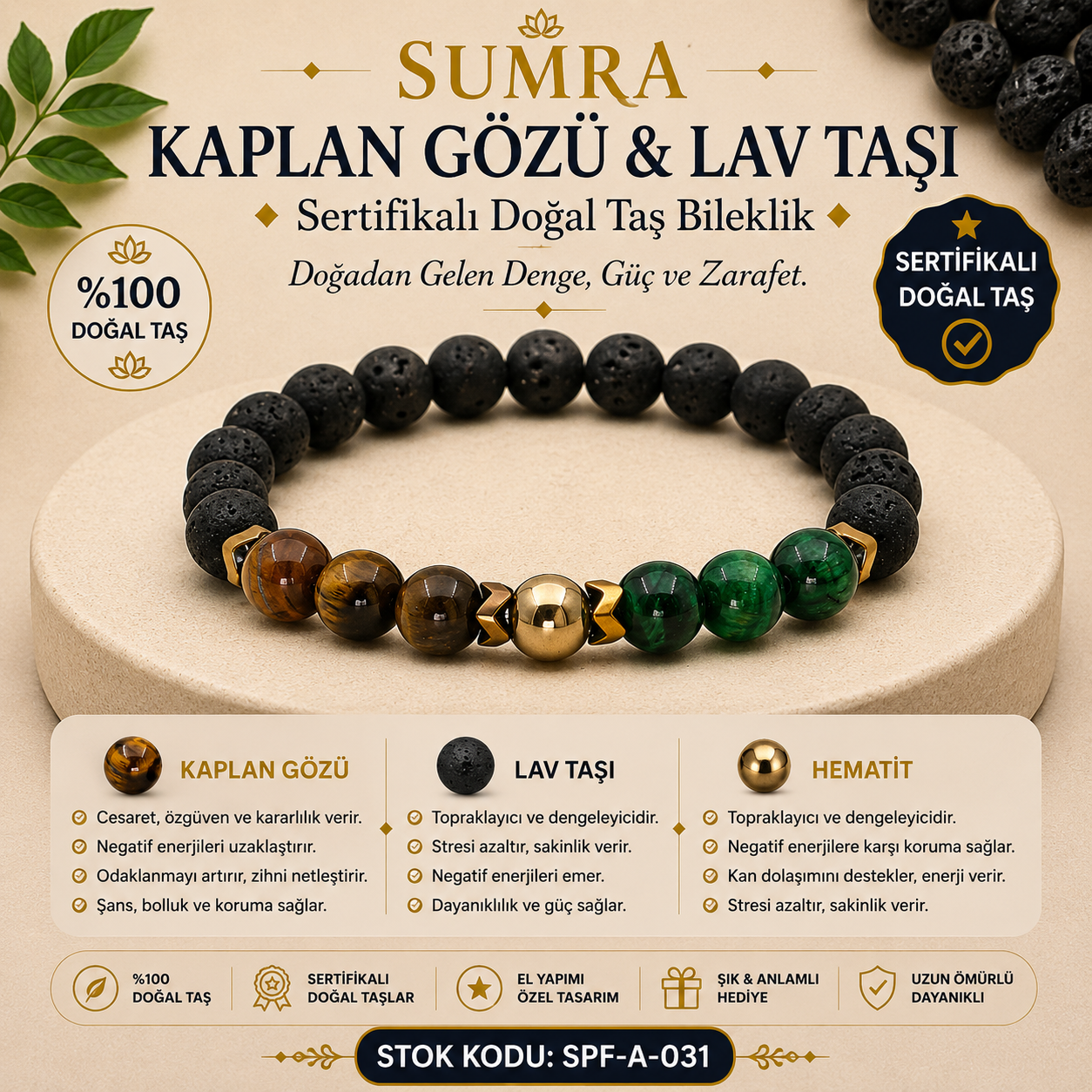 Tiger Eye Lava Stone Certified Natural Stone Bracelet SPF-A-031