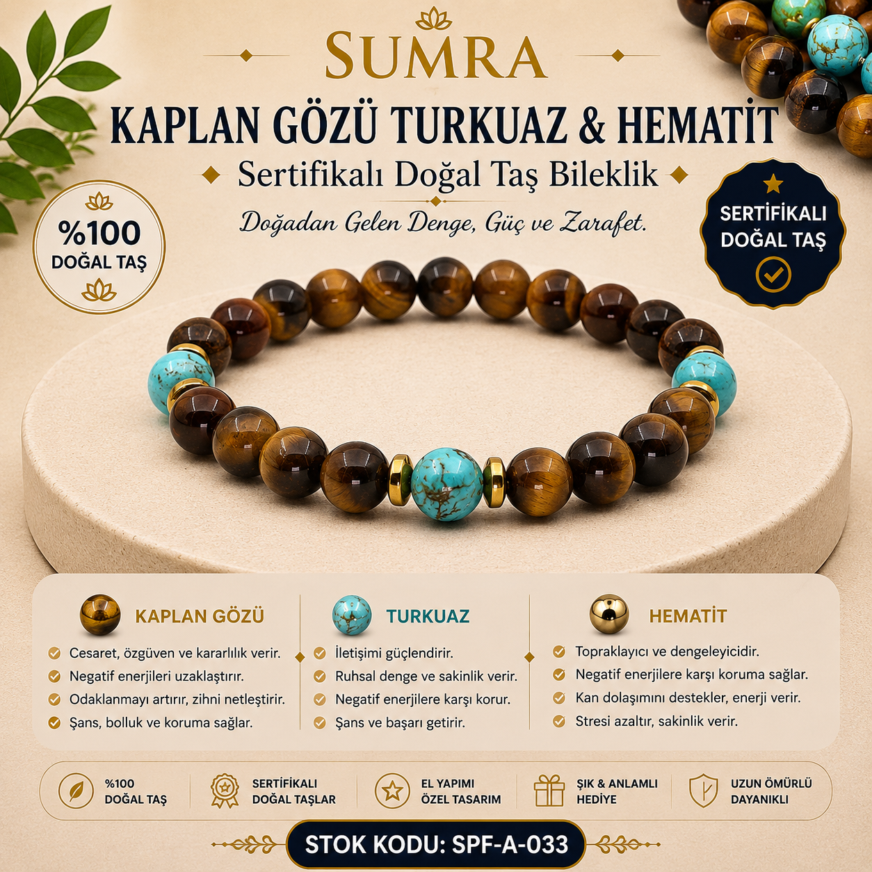 Tiger Eye, Turquoise, and Hematite Certified Natural Stone Bracelet SPF-A-033
