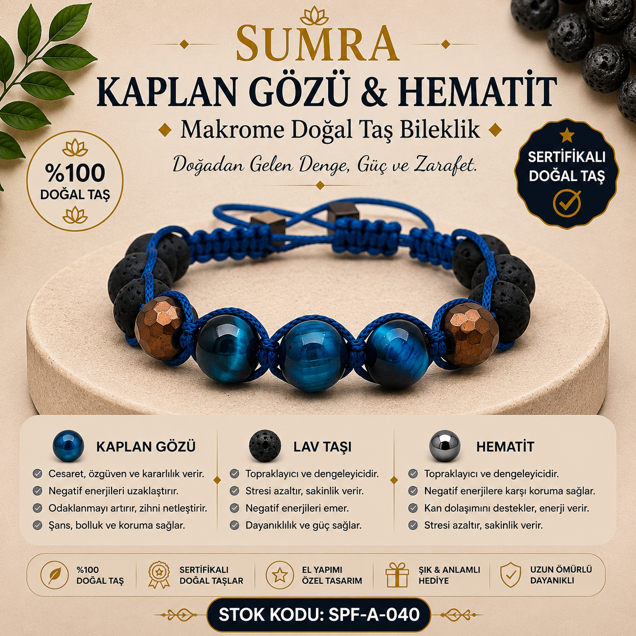 Tiger Eye and Hematite Macrame Certified Natural Stone Bracelet SPF-A-040