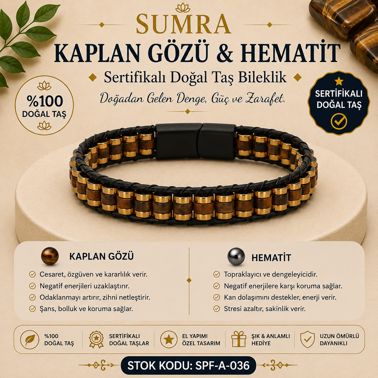 Tiger Eye and Hematite Certified Natural Stone Bracelet SPF-A-036