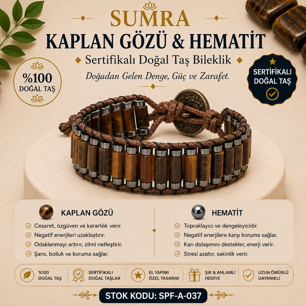 Kaplan Gözü ve Hematit Sertifikalı Doğal Taş Bileklik SPF-A-037