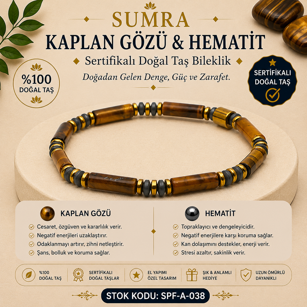 Kaplan Gözü ve Hematit Sertifikalı Doğal Taş Bileklik SPF-A-038