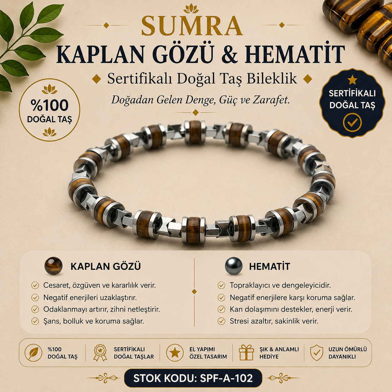Kaplan Gözü ve Hematit Sertifikalı Doğal Taş Bileklik SPF-A-102