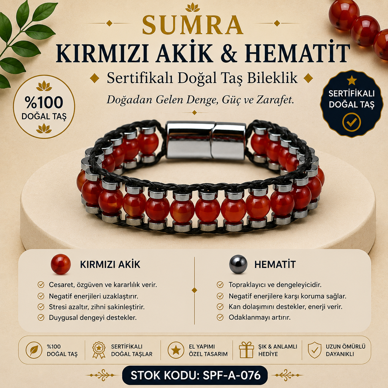 Kırmızı Akik ve Hematit Sertifikalı Doğal Taş Bileklik SPF-A-076