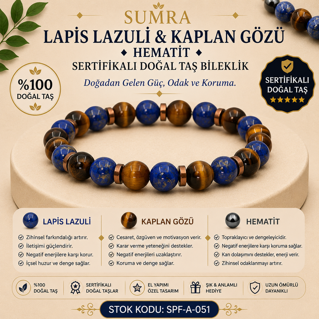 Lapis Lazuli ve Kaplan Gözü Hematit Sertifikalı Doğal Taş Bileklik SPF-A-051