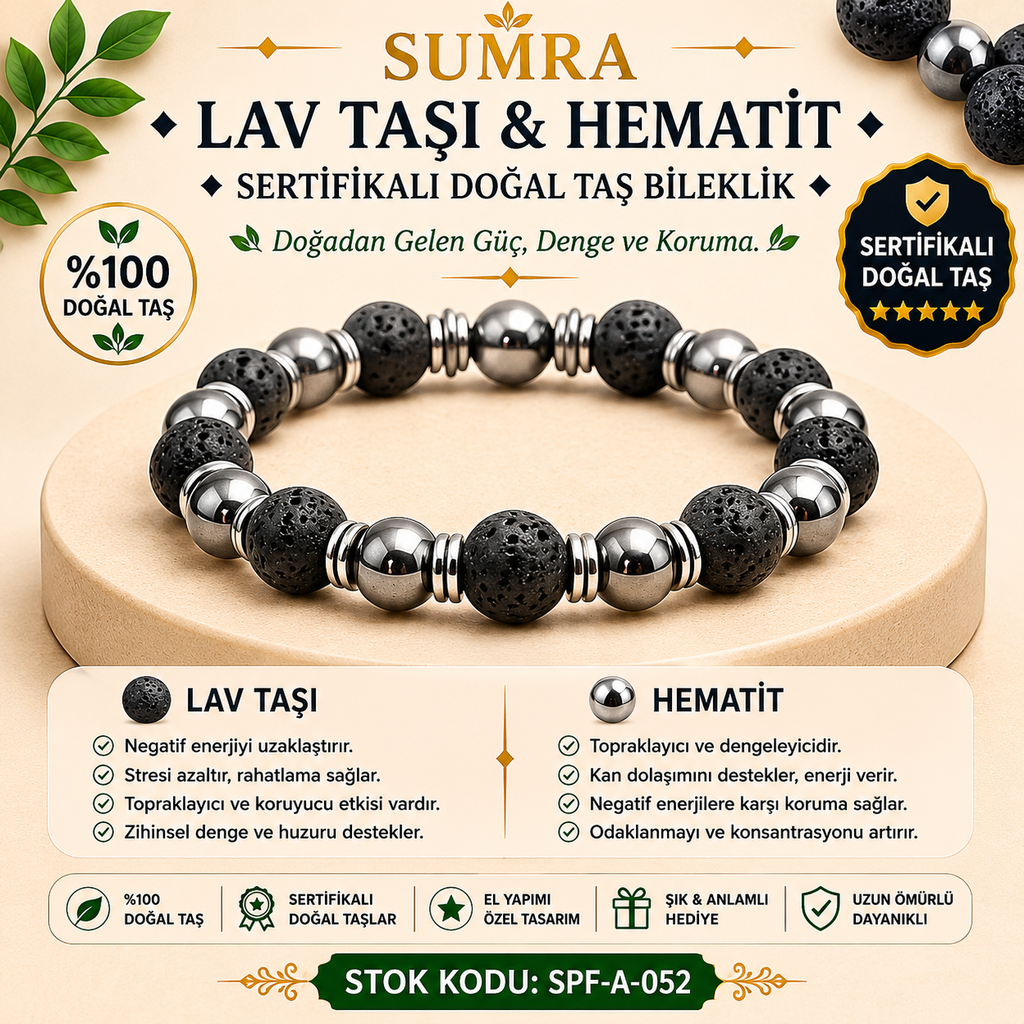 Lav Taşı ve Hematit Sertifikalı Doğal Taş Bileklik SPF-A-052
