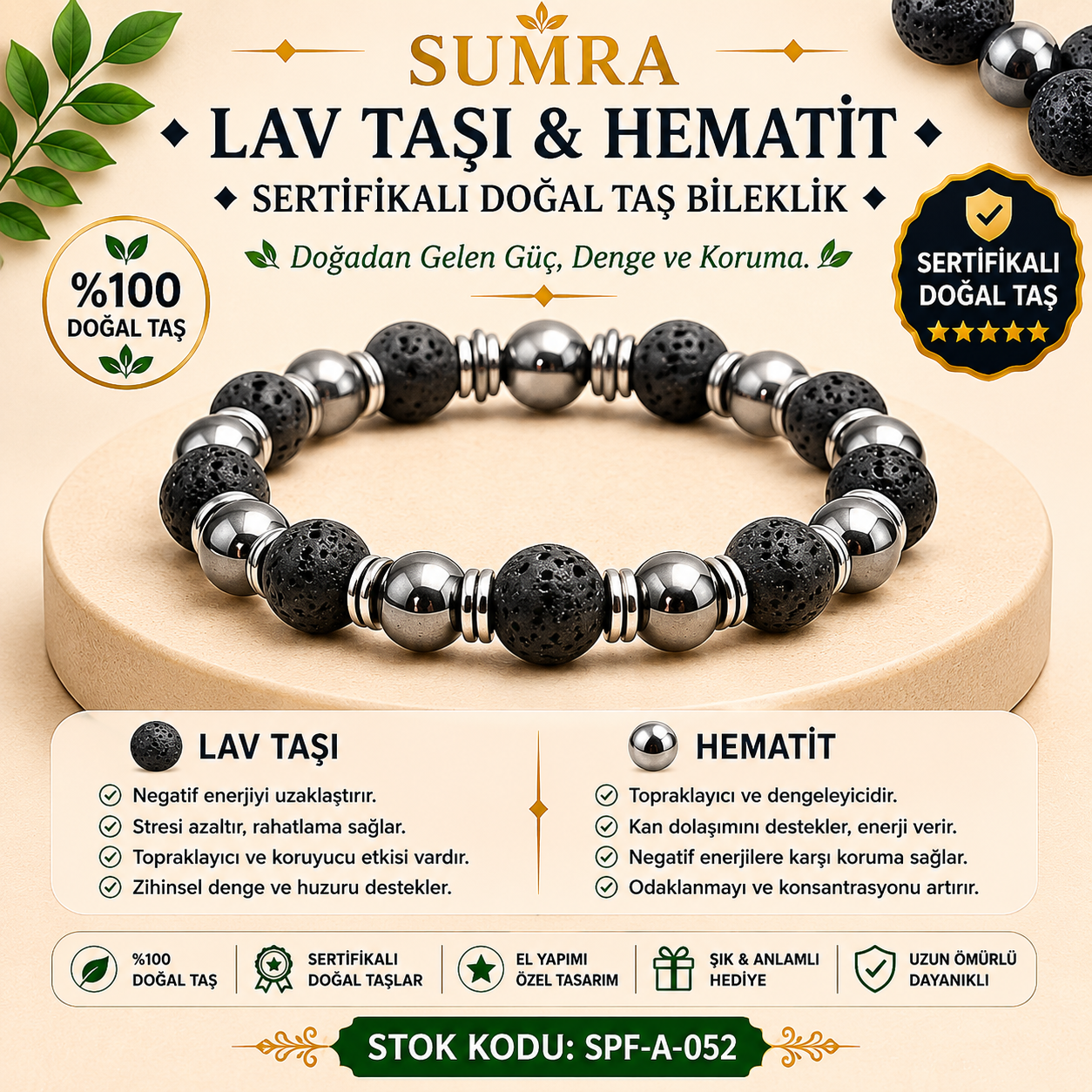 Lava Stone and Hematite Certified Natural Stone Bracelet SPF-A-052