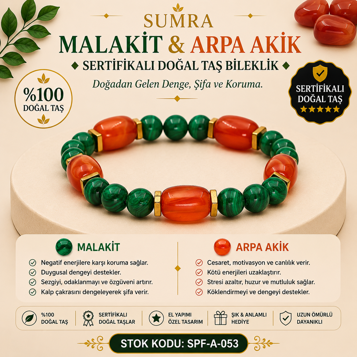Malachite and Barley Agate Certified Natural Stone Bracelet SPF-A-053