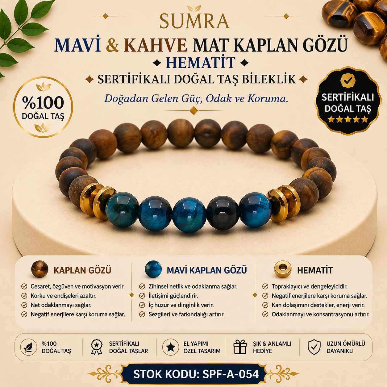 Blue and Brown Matte Tiger Eye Hematite Certified Natural Stone Bracelet SPF-A-054
