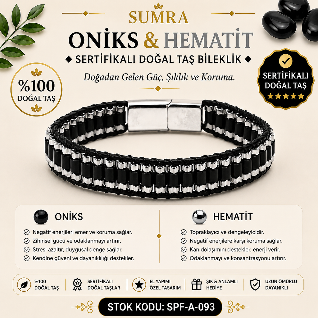 Oniks ve Hematit Sertifikalı Doğal Taş Bileklik SPF-A-093