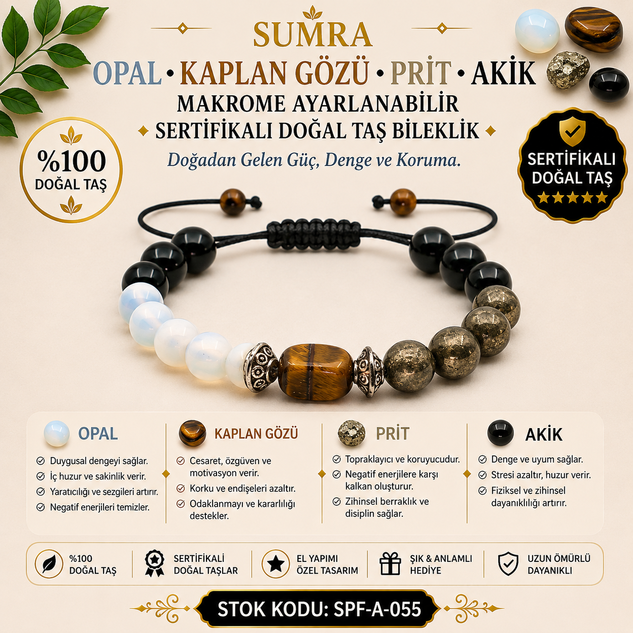 Opal Kaplan Eye Prit and Agate Macrame Adjustable Certified Natural Stone Bracelet SPF-A-055